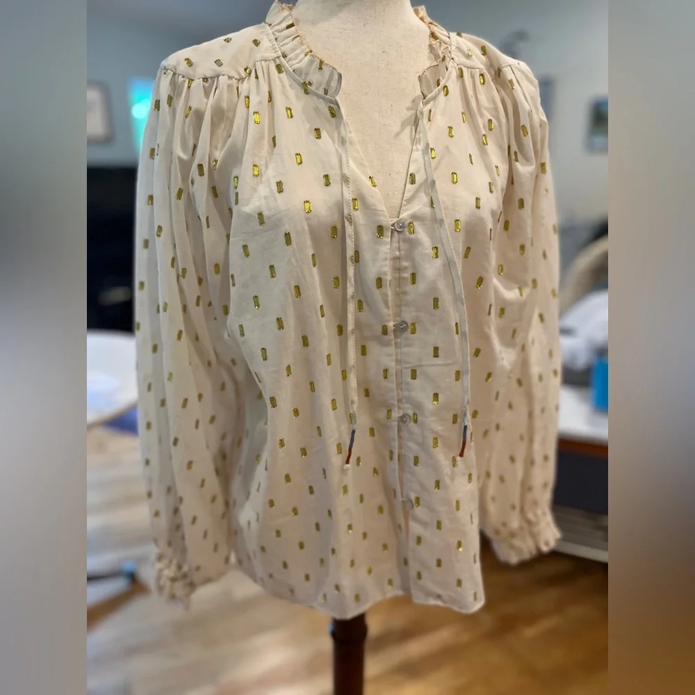 Dolan Left Coast Collection Metallic Gold Clip Dot Peasant Blouse Size M